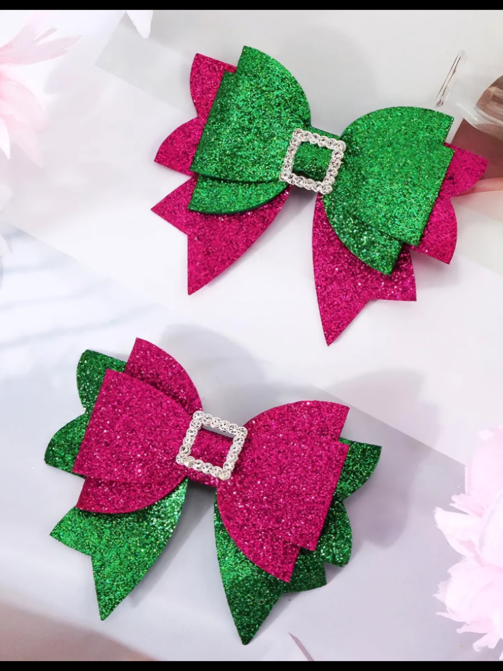 Glitter Layered Bow Clips — Green & Hot Pink
